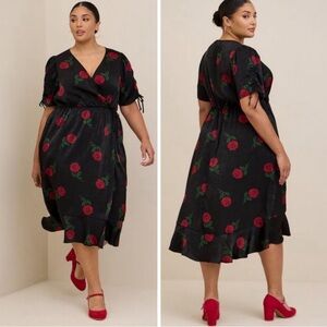 Torrid Midi Brushed Charmeuse Wrap Dress Floral Rose Black Red Romantic Ruffle